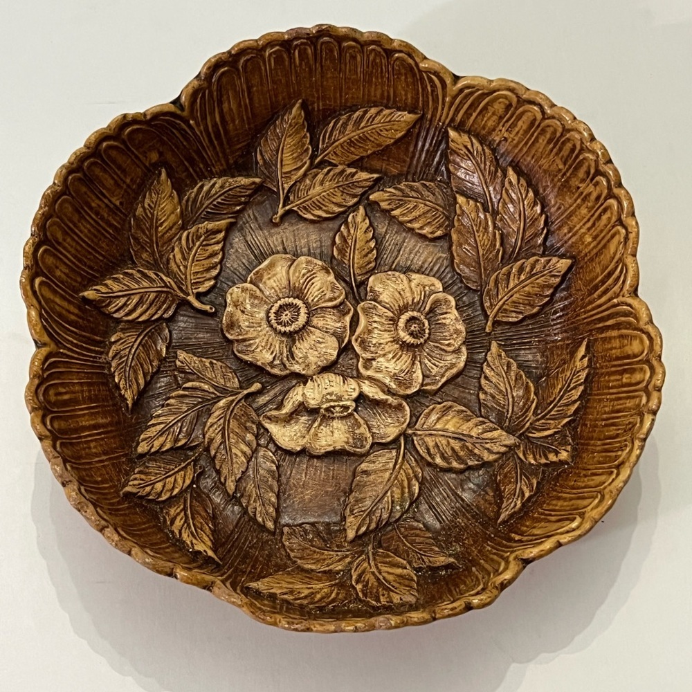 Vintage molded resin wood bowl, floral design hand carved look